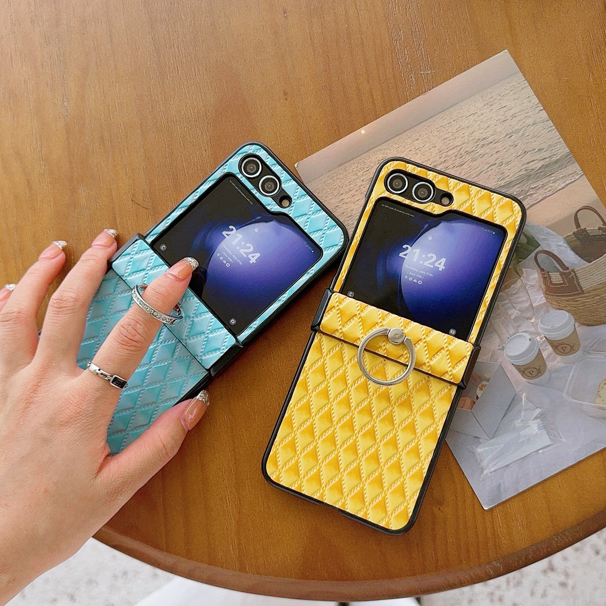 For Samsung Galaxy Z Flip6 5G Rhombus Imprinted PU Leather Coated PC Phone Cover with Ring Kickstand - Yellow For Samsung Galaxy Z Flip6 5G Rhombus Imprinted PU Leather Coated PC Phone Cover with Ring Kickstand - Yellow